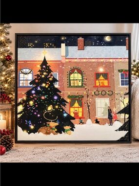 Cuspin Christmas Wall Art 30x30 Framed Canvas Holiday Snowy Village Christmas Tr